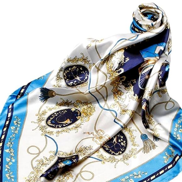 Women's Fashion Red or Blue Print Square Scarf Soft Satin Silky Shawl Scarves - Picture 8 of 10